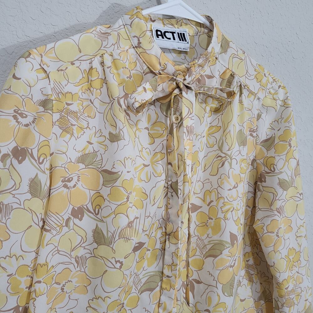 ACT III Vintage Blouse Women's Size Medium Butter Yellow Floral Bow Neckline - Picture 9 of 16